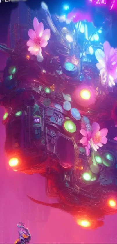 Futuristic neon spaceship with glowing flowers, cyberpunk style.