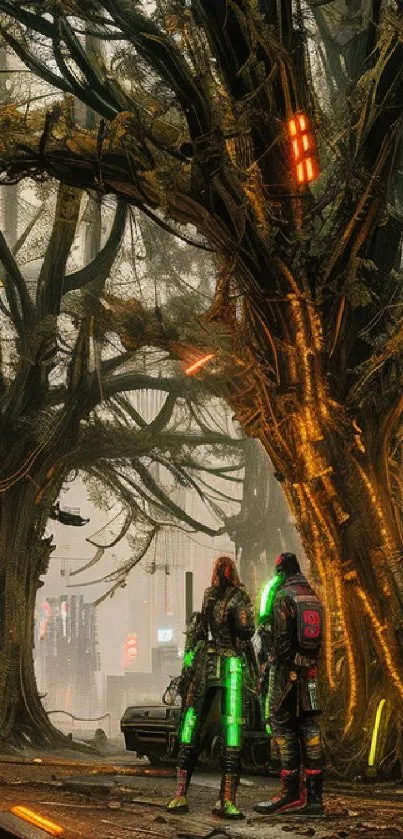 Futuristic neon forest with two figures beneath glowing trees.