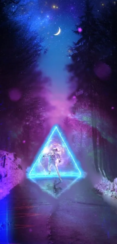 A futuristic neon forest with a glowing triangle and cosmic sky.