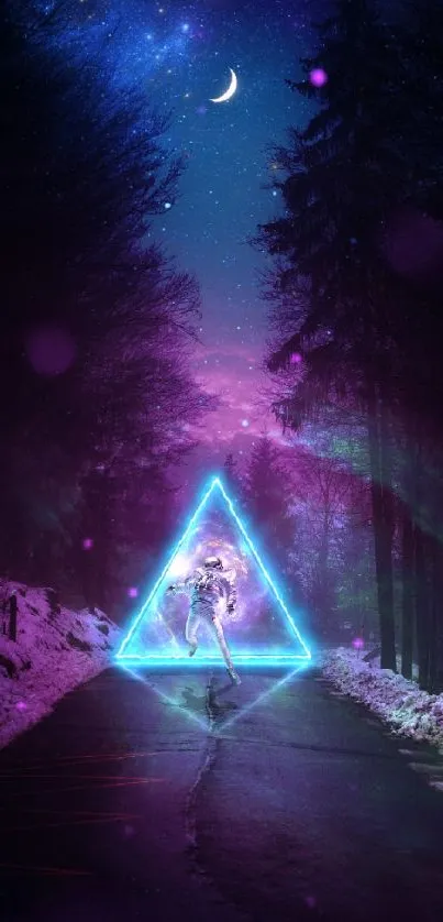 Neon-lit astronaut beneath a crescent moon and starry sky in a mystic forest.