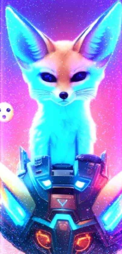 Bright neon fox on futuristic tech helmet wallpaper.