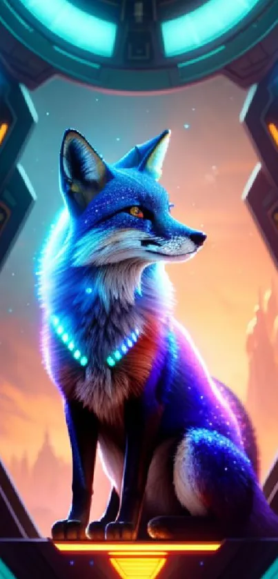 Futuristic neon fox in a sci-fi setting, glowing vibrantly.