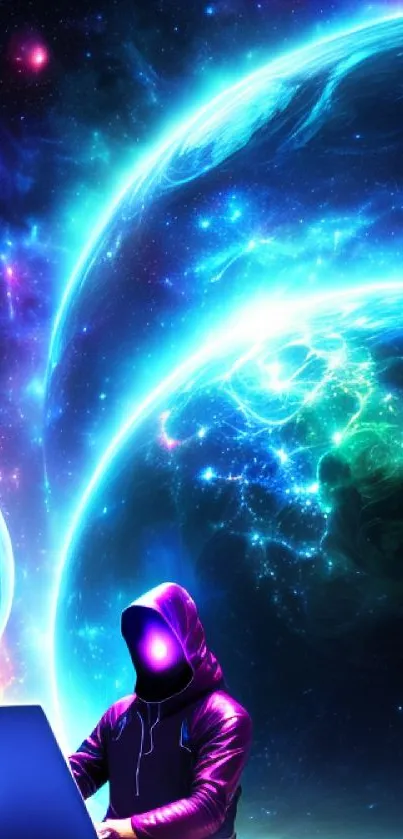 Futuristic neon galaxy wallpaper with a laptop and celestial spheres.