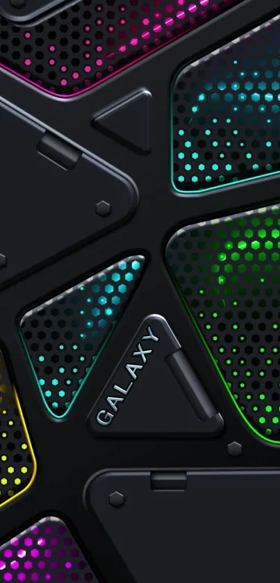 Futuristic mobile wallpaper with a neon galaxy design and geometric patterns.