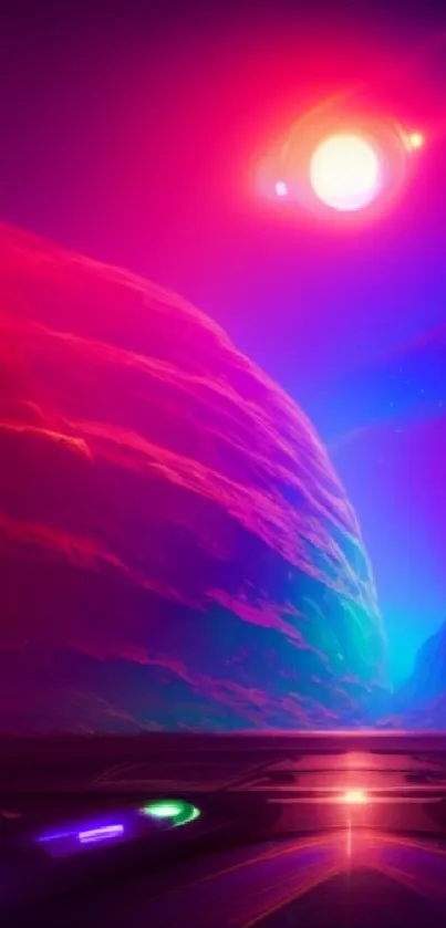 Futuristic neon galaxy wallpaper with vivid colors and a bright central star.