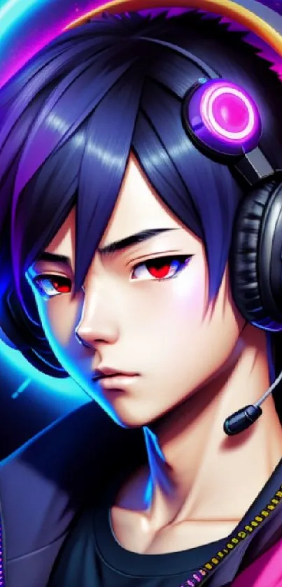 Vibrant neon-themed anime gamer wallpaper with headphones.