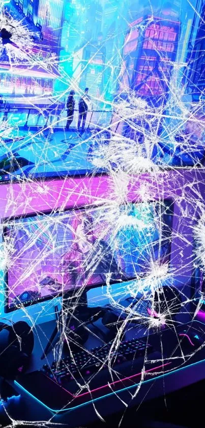 Futuristic neon cityscape with gaming setup and shattered glass effect.