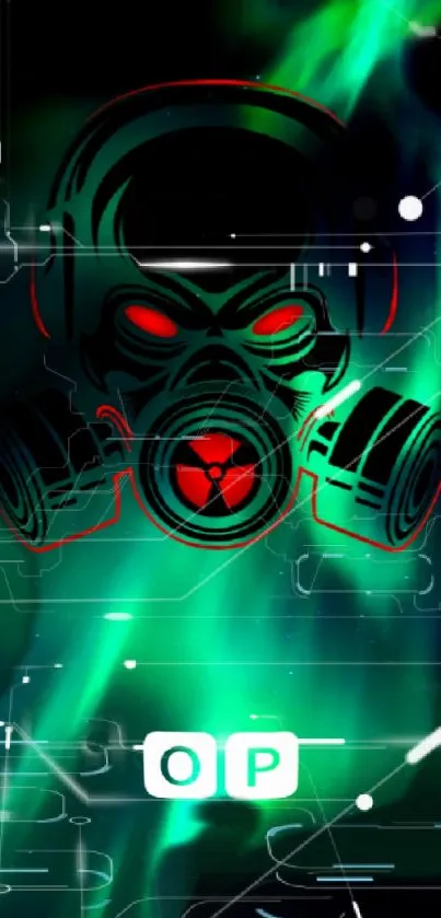 Futuristic neon gas mask design on a green and black digital background wallpaper.