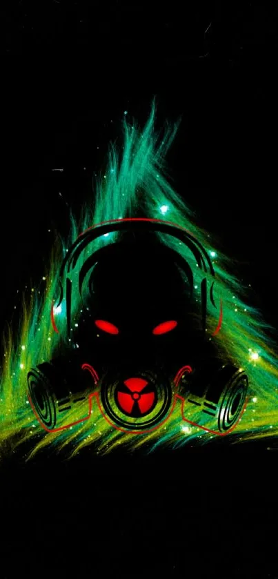 Futuristic neon gas mask art with green glow and red eyes on black background.