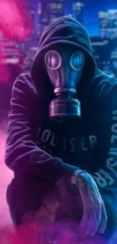 Hooded figure with gas mask in neon pink and blue urban background.