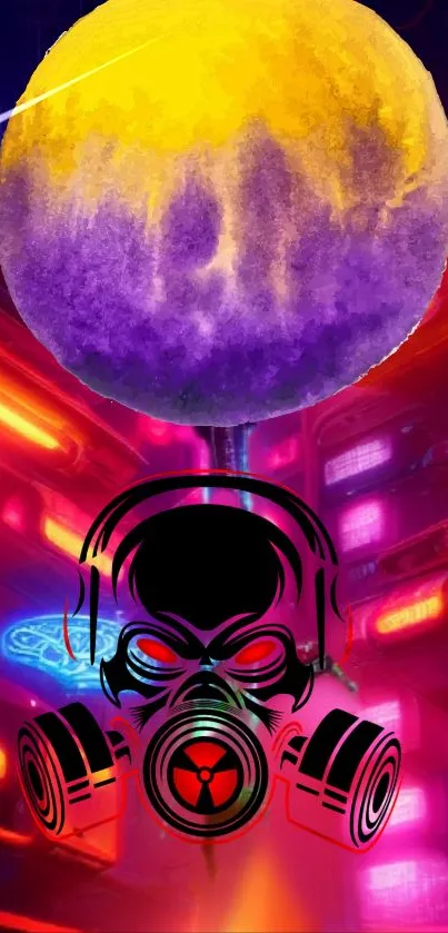 Neon gas mask with vibrant purple and yellow planet.