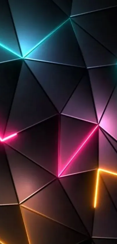 Futuristic wallpaper with neon geometric lines on a dark background.