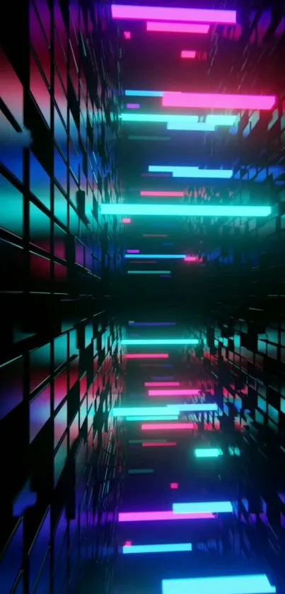 Futuristic neon geometric tunnel wallpaper with vibrant lights.