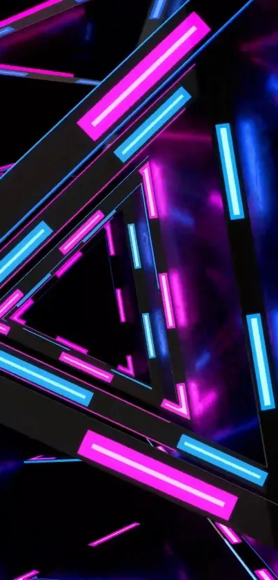 Futuristic neon geometric wallpaper with pink and blue lights.