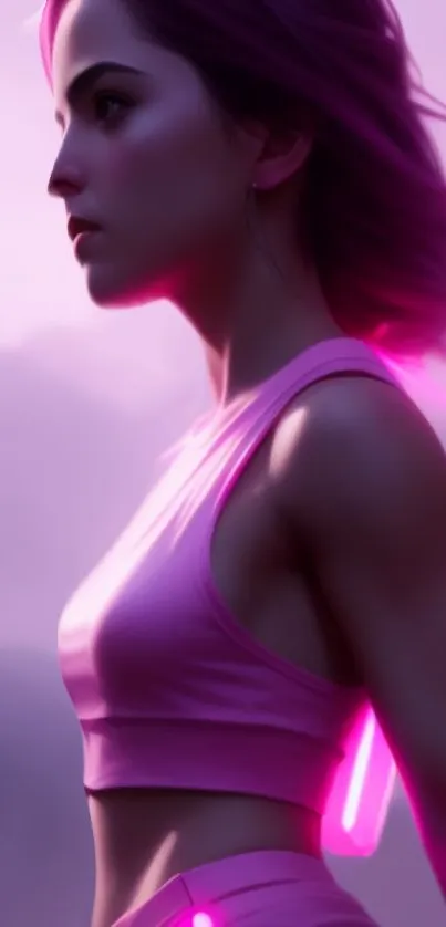 Futuristic girl in neon pink glow with purple mist backdrop.