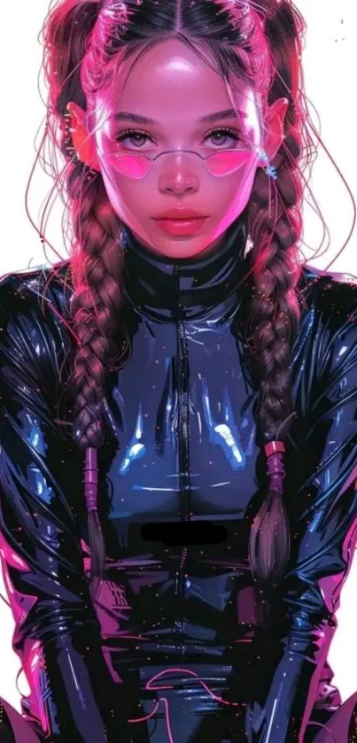 Futuristic girl with neon glasses and braids in digital art.