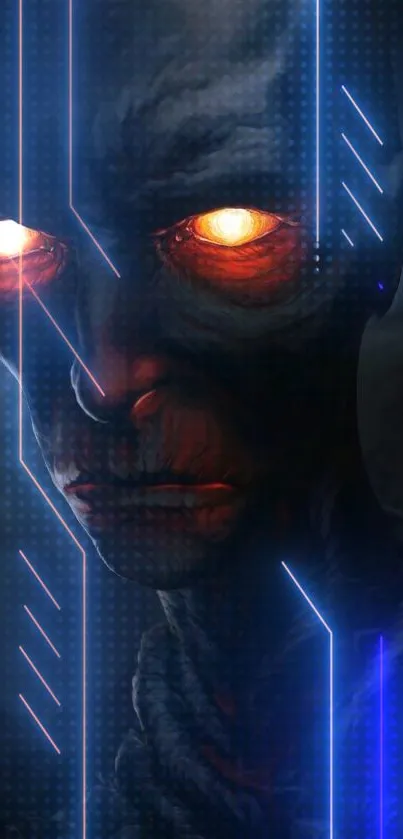 Dark alien face with neon glowing eyes and futuristic lines.