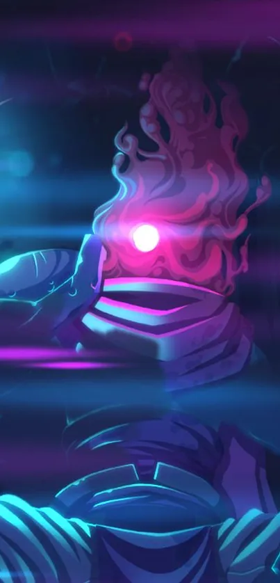 Futuristic neon wallpaper with a glowing pink figure and intense colors.