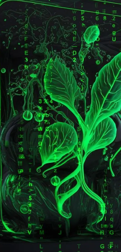 Neon green leaves with digital matrix for mobile wallpaper.