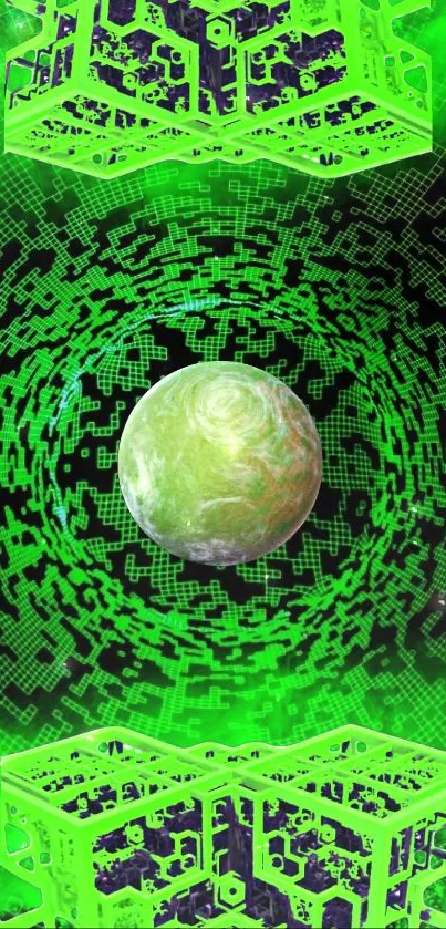 Futuristic neon green wallpaper with abstract cubes and a glowing sphere.