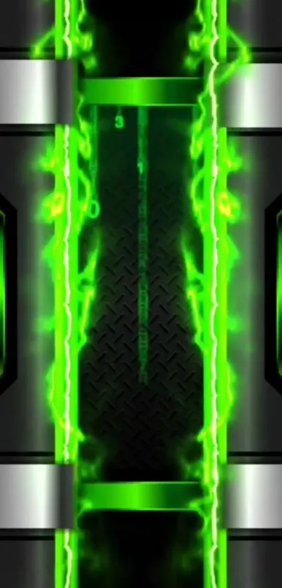 Futuristic neon green phone wallpaper with metallic accents.