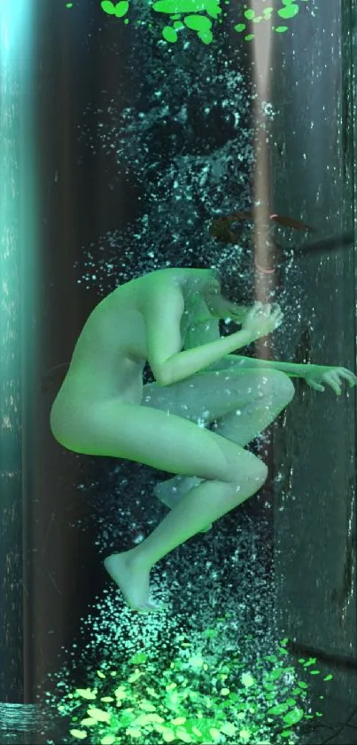 Futuristic wallpaper with neon green human in a pod on dark background.