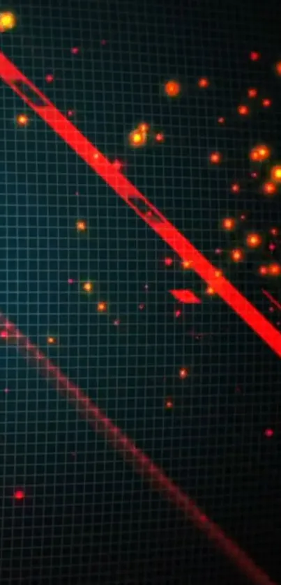 Futuristic neon grid wallpaper with red beams and glowing dots on a dark background.