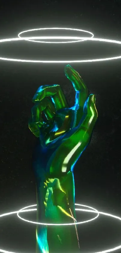 Futuristic neon hand encircled by glowing rings in dark space.