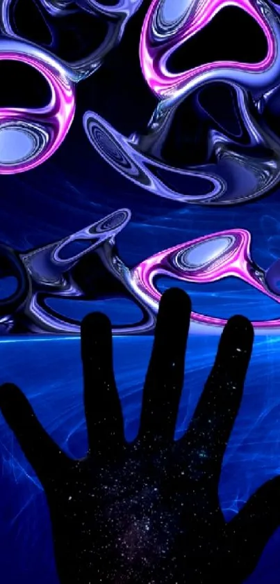 Silhouette hand with neon shapes, blue electric background.