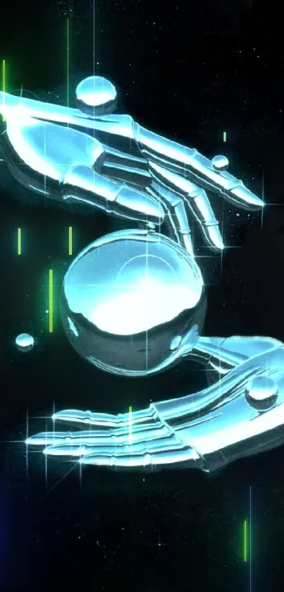 Futuristic neon blue hands holding a glowing orb in digital artwork.