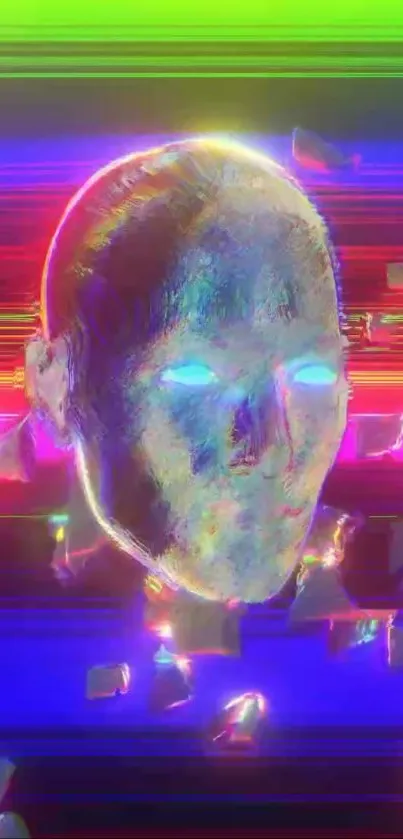 Futuristic neon head with glowing colors and digital shards.