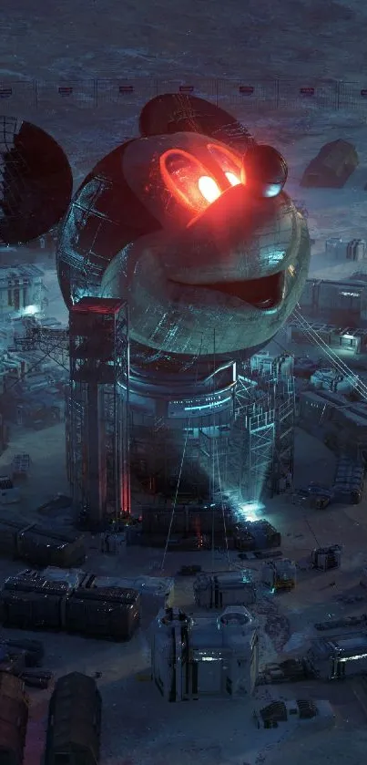 Futuristic neon-lit head in sci-fi cityscape.