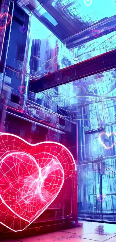 Futuristic neon heart with blue urban background.