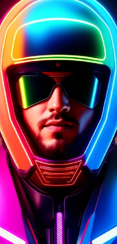 Neon-themed futuristic helmet with colorful light accents.