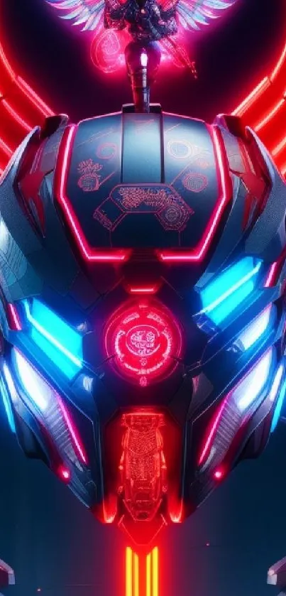 Futuristic neon helmet with red and blue lights on a dark background.