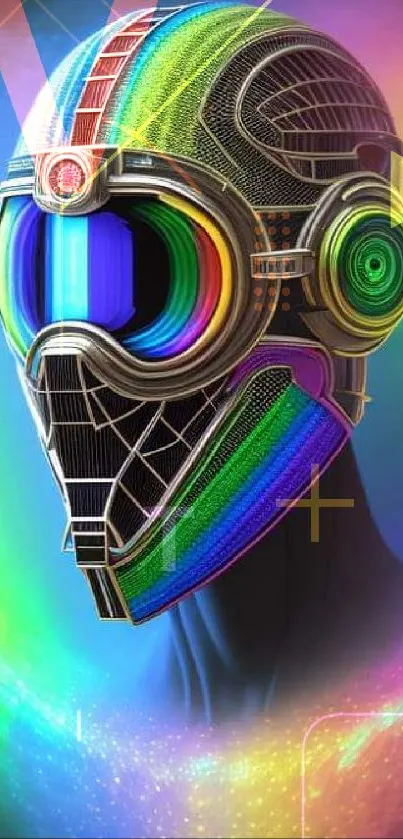 Futuristic neon helmet with vibrant rainbow colors.