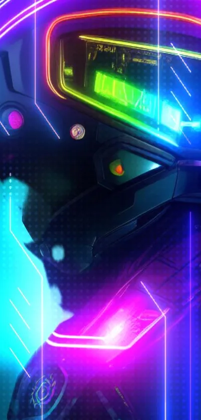 Futuristic neon helmet with glowing colors on a digital wallpaper.