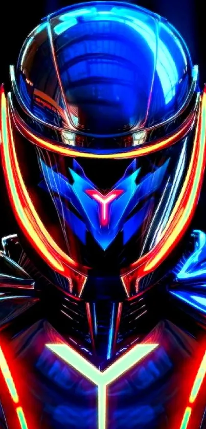 Futuristic neon helmet with blue glow in digital artwork.