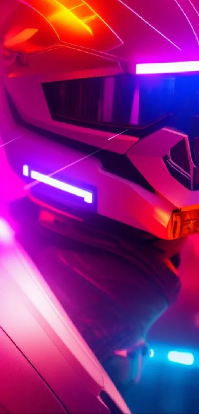 Futuristic helmet with neon lights and vibrant colors.