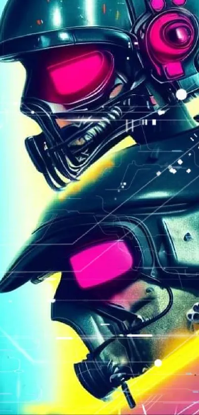 Futuristic neon helmets on vibrant background.