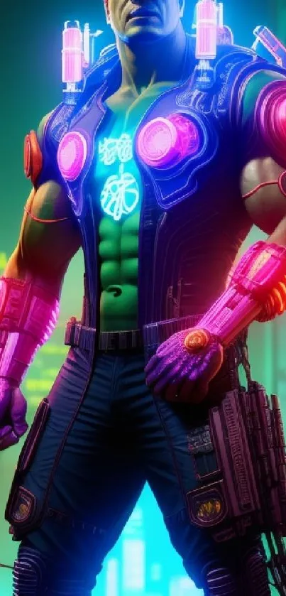 Neon superhero in a futuristic cityscape with bright glowing colors.