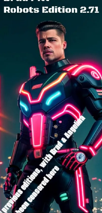 Futuristic hero in neon-lit suit with city skyline backdrop.