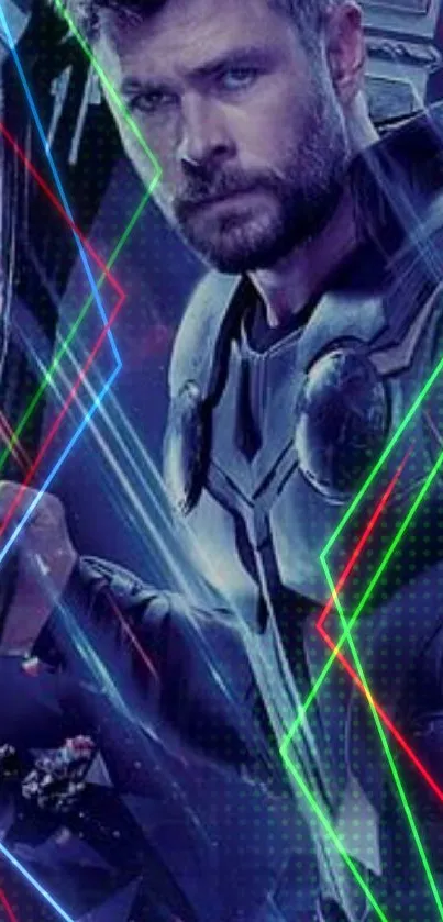 Futuristic hero with neon lights wallpaper.