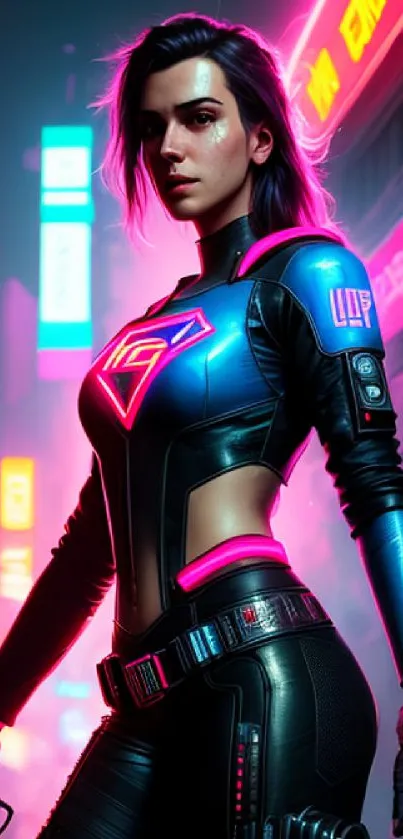 Futuristic hero in neon-lit city wallpaper.