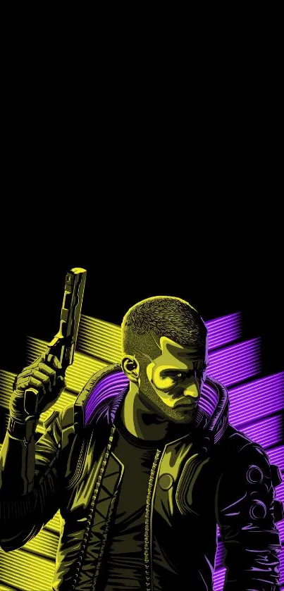 Futuristic neon hero with a gun on a dark wallpaper.