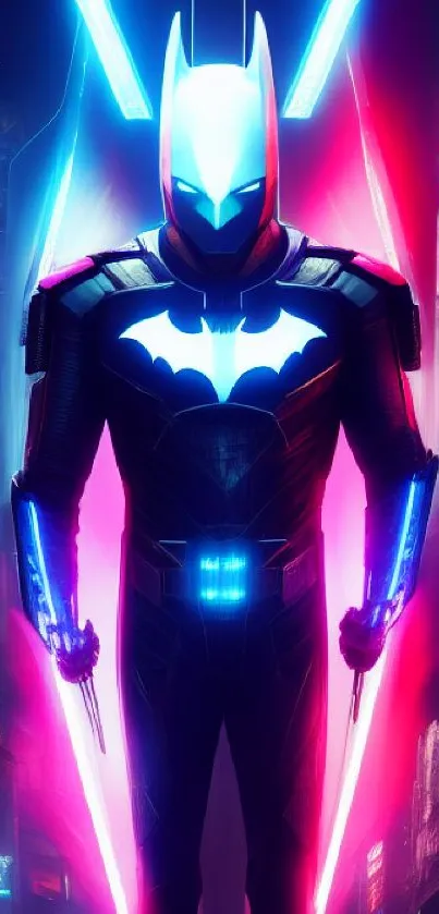 Futuristic neon superhero in a colorful city setting.