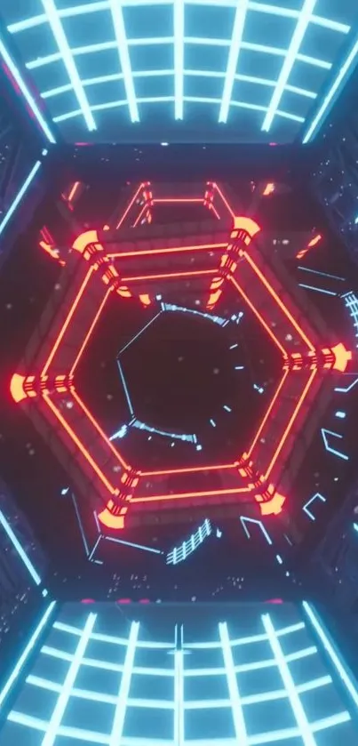 Futuristic neon hexagon design with blue and red lights.