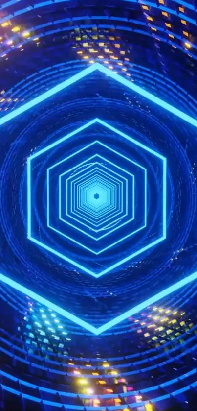 Futuristic neon hexagon design wallpaper in vibrant blue tones.