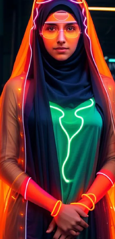 Futuristic woman in neon hijab with glowing accents.