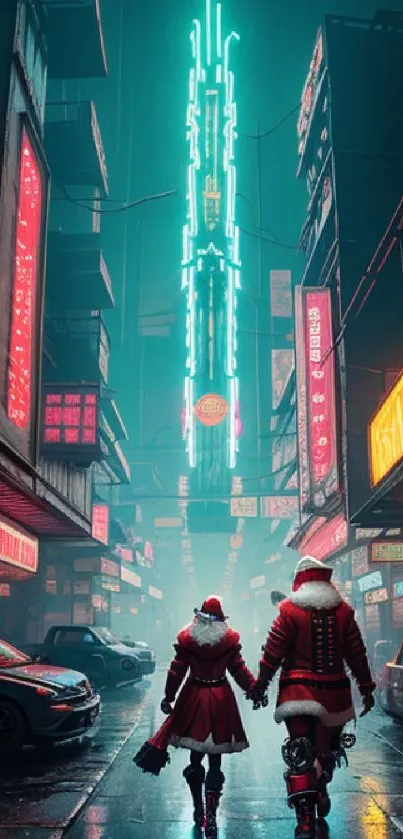 Futuristic neon city scene with holiday theme.